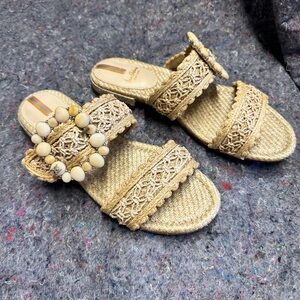 Sam Edelman Womens Elisa Slide Sandal Natural Raffia Sz 8 Stone Bead Buckle